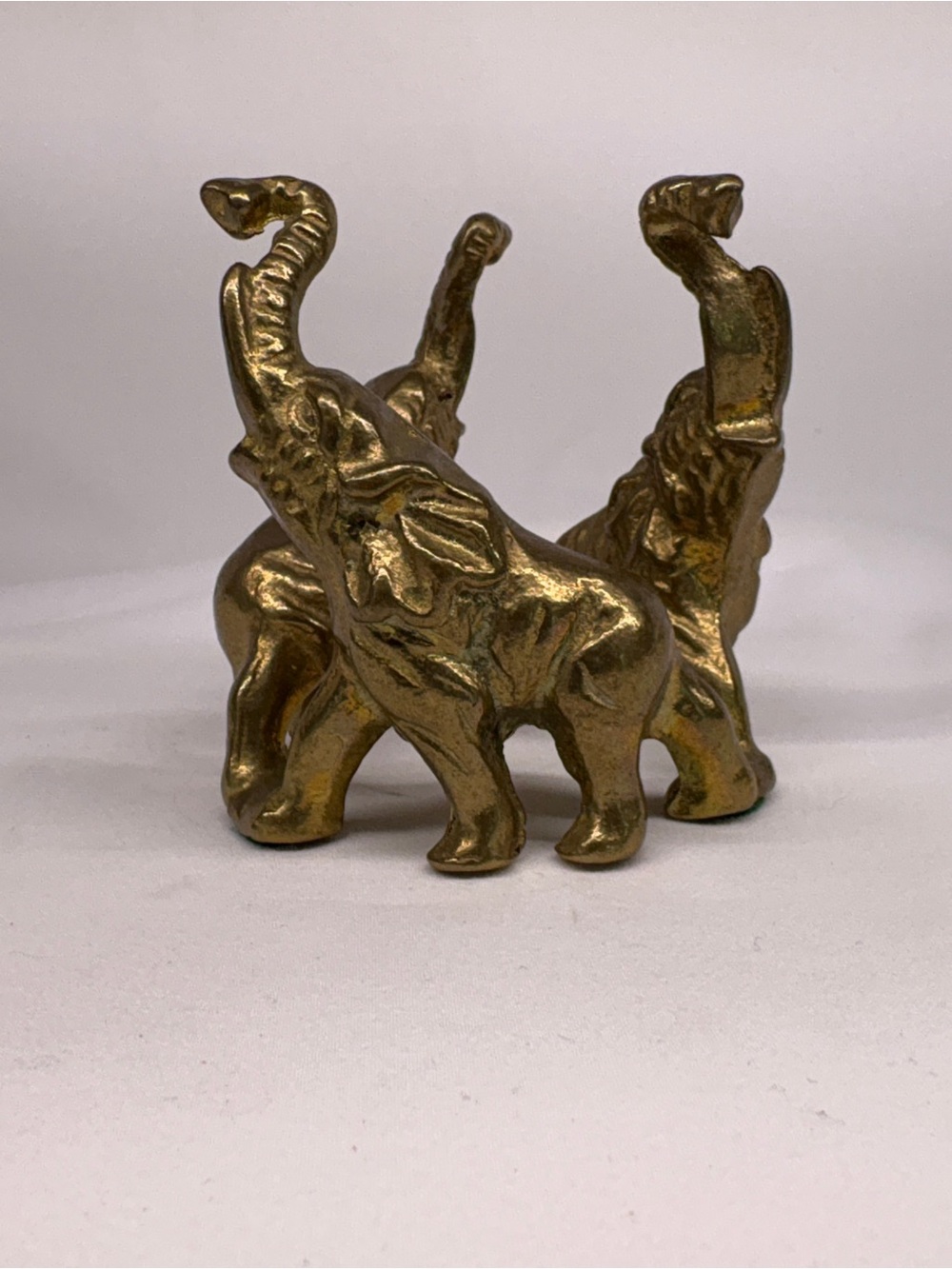 Vintage Brass Elephant Trio Figurine Sphere Stand Base Trunks Up Good Luck